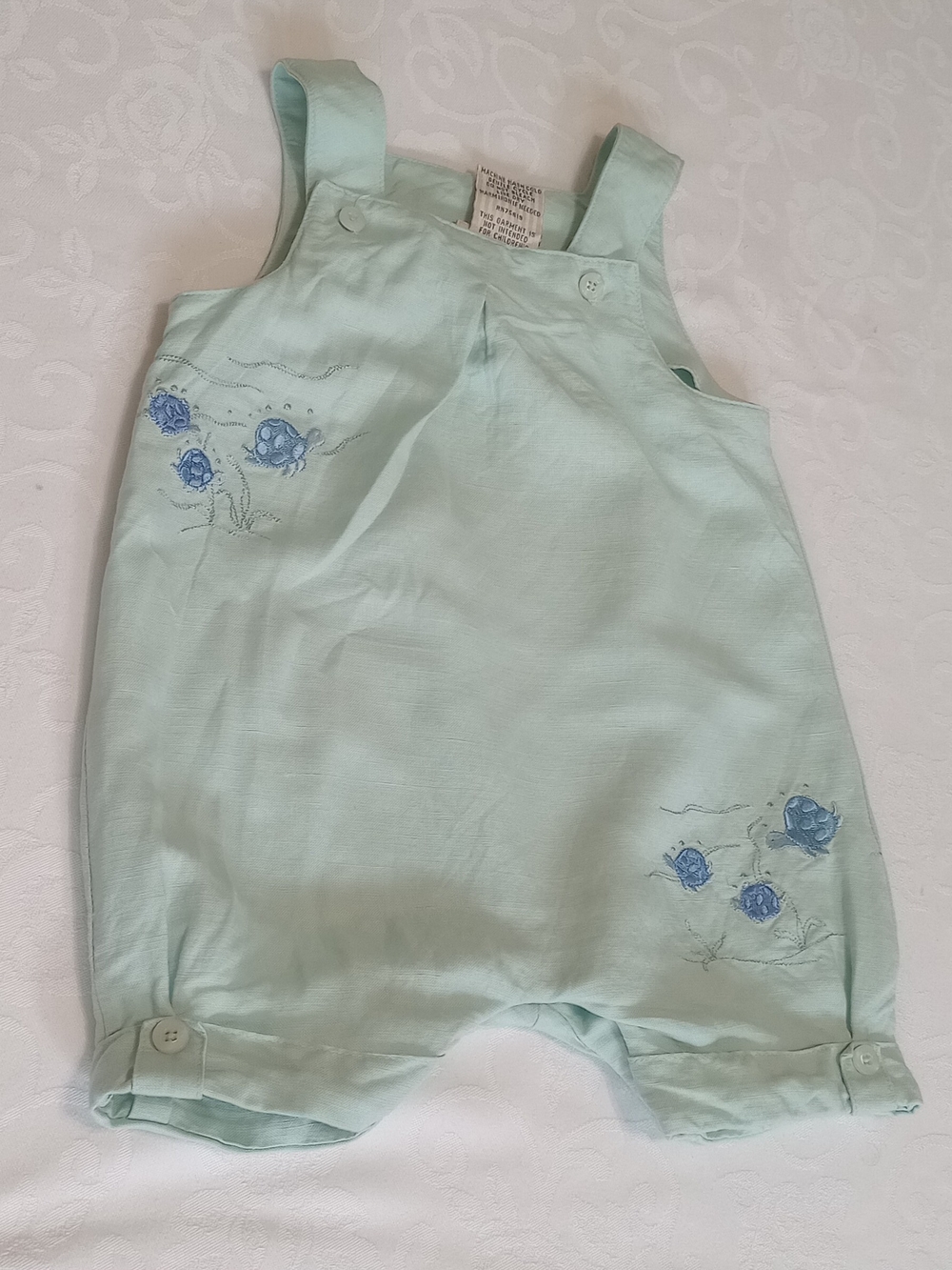 Minibasix Vintage Mint Green Sea Turtle Embroidered Bubble Romper 12M